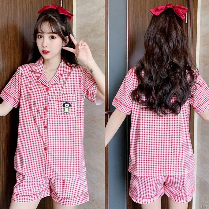 Bộ đồ ngủ ngắn tay họa tiết sọc caro xinh xắn cho nữ