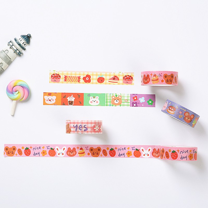 Washi tape cute chủ đề Bear Fruit nhiều màu sắc kèm hoạ tiết dễ thương dài 3m siêu tiết kiệm BmBooks