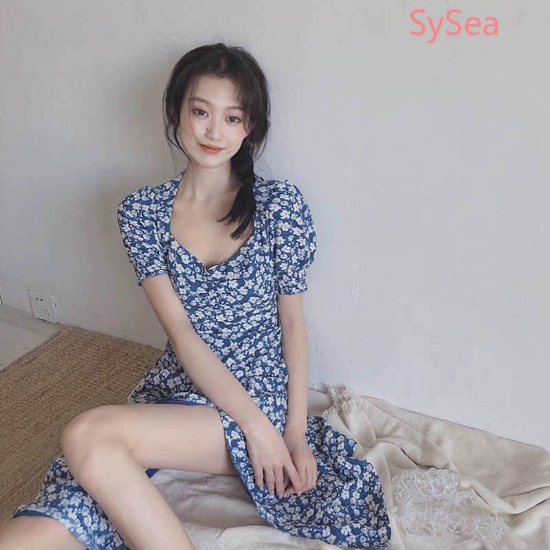 Đầm Dài Tay Ngắn Họa Tiết Hoa Thiết Kế Xẻ Tà Phong Cách Retro | BigBuy360 - bigbuy360.vn
