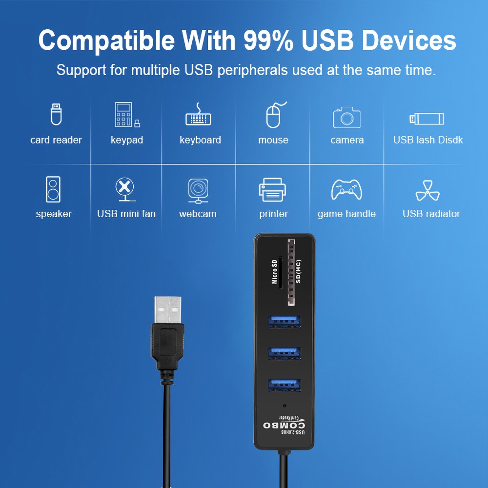 Bộ Chia 3 Cổng USB 2.0 KEBIDUMEI Đọc Thẻ Nhớ SD TF Cho Máy Tính Xách Tay