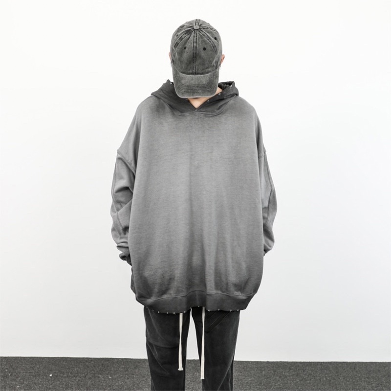 Áo hoodie màu wash chi tiết rách dán siêu rộng