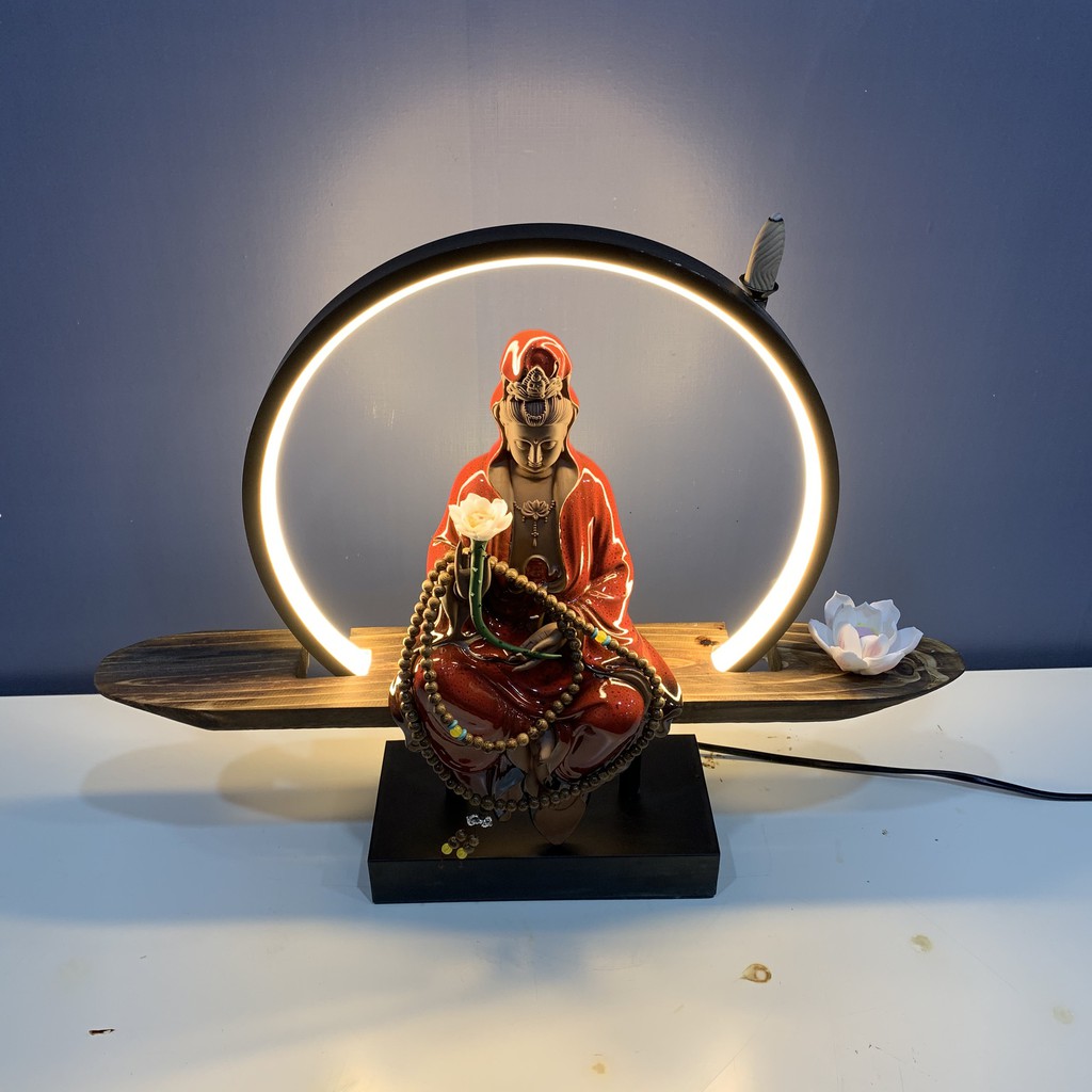 Decor Đẹp - Bộ Tượng Phật Quan Âm Bồ Tát có đèn Led tỏa ánh hào quang, Hàng [Cao Cấp], vật phẩm mang lại bình an may mắn