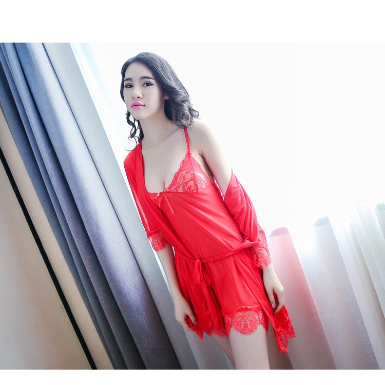 Váy ngủ sexy - Đầm ngủ sexy ren voan mỏng có kèm áo choàng thắt dây