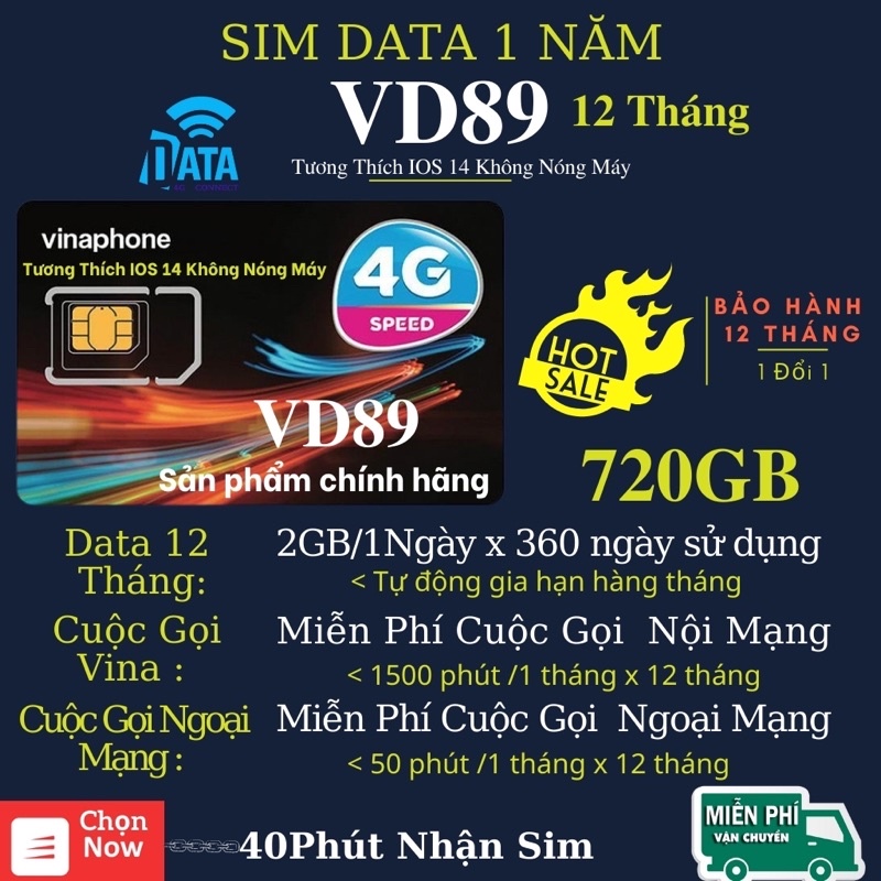 Sim Data 1 Năm VD89 Vinaphone ( Miễn Phí Vào Mạng 720GB Data Và Gọi ) 12 Tháng