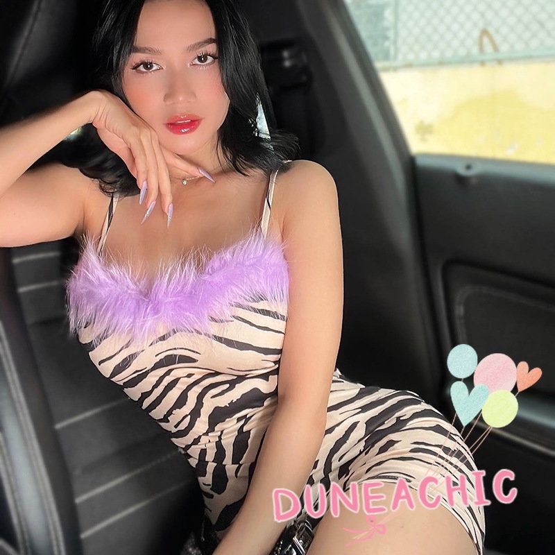 DUNEA Đầm Nhung Trễ Vai Kẻ Sọc Thời Trang Đường Phố Cá Tính Cho Nữ