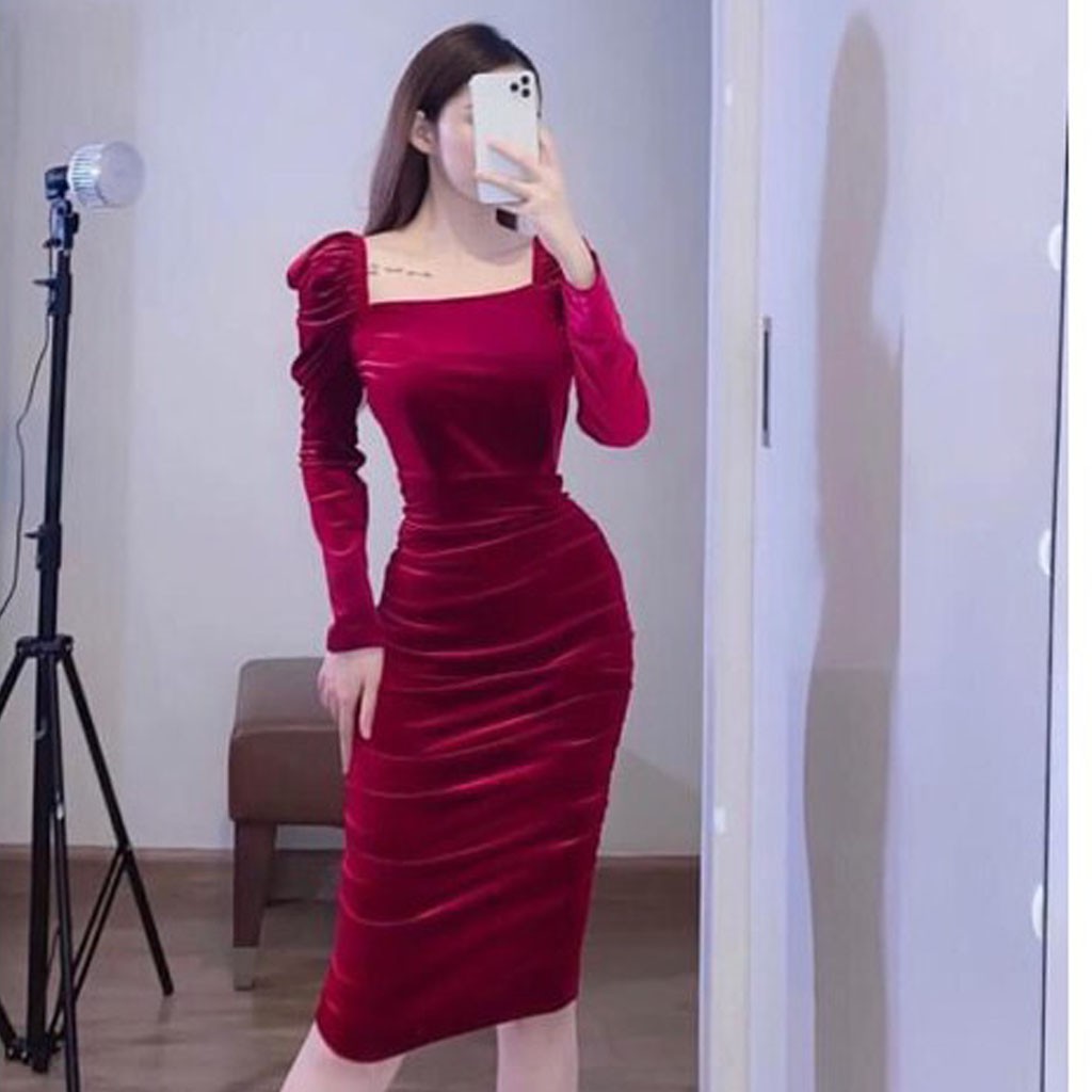 Váy Nhung Cao Cấp Cổ Vuông Chất Đẹp 2 Màu Đen- Đỏ Cho Nữ | BigBuy360 - bigbuy360.vn