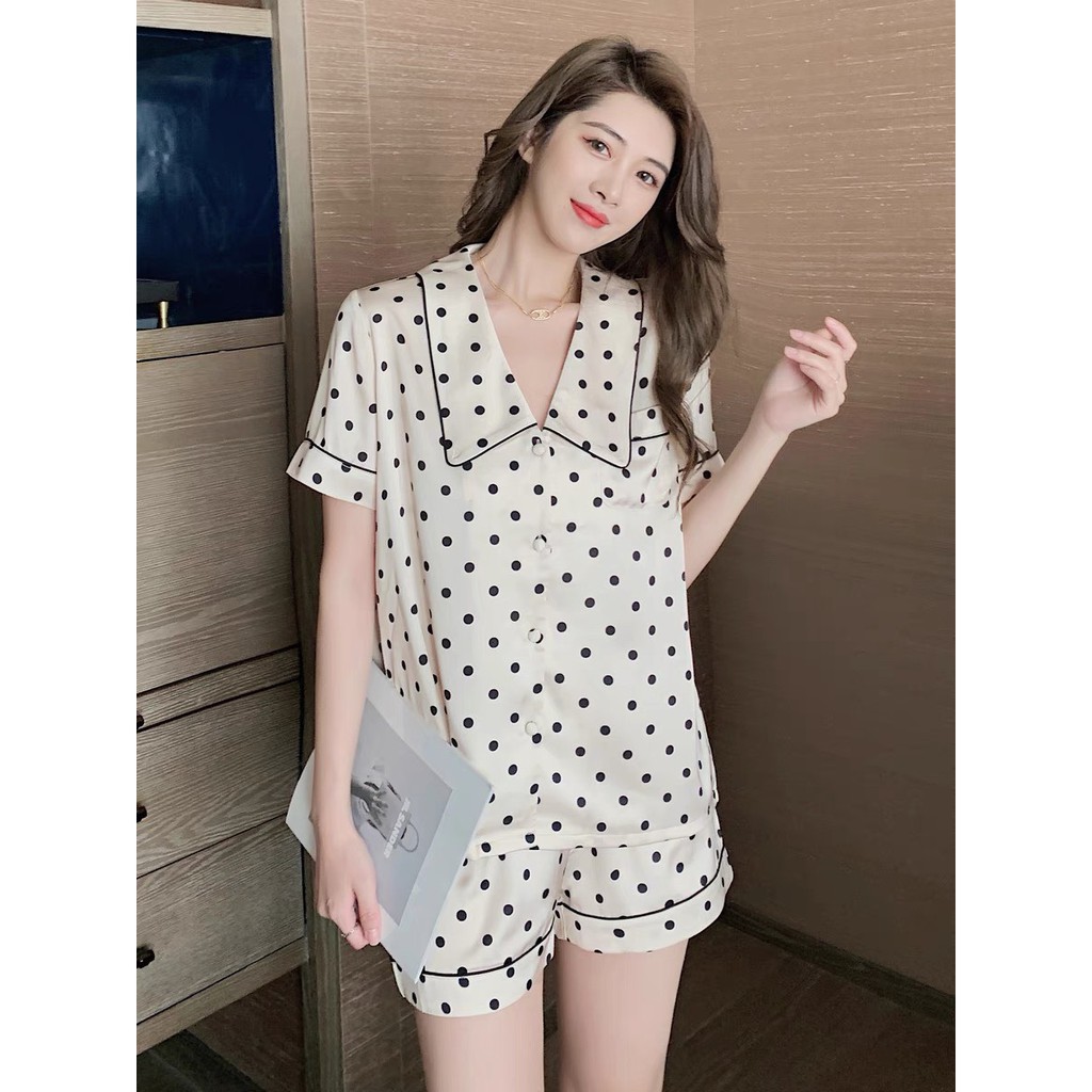 Bộ bầu lụa đùi quần chun chỉnh chấm bi be B2 MUM B289