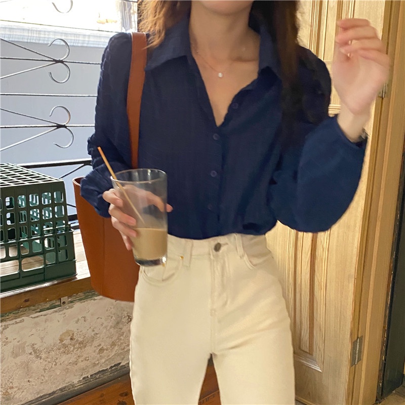 SUXI Áo Sơ Mi Tay Dài Dáng Rộng Màu Sắc Đơn Giản Phong Cách Hàn Quốc Thời Trang Mùa Hè Xinh Xắn Cho Nữ