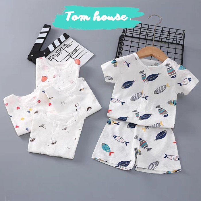 Đồ Bộ Cộc Tay Cúc Giữa Cho Bé Trai Bé Gái Vải Cotton Thông Hơi Thấm Hút Mồ Hôi 05BH