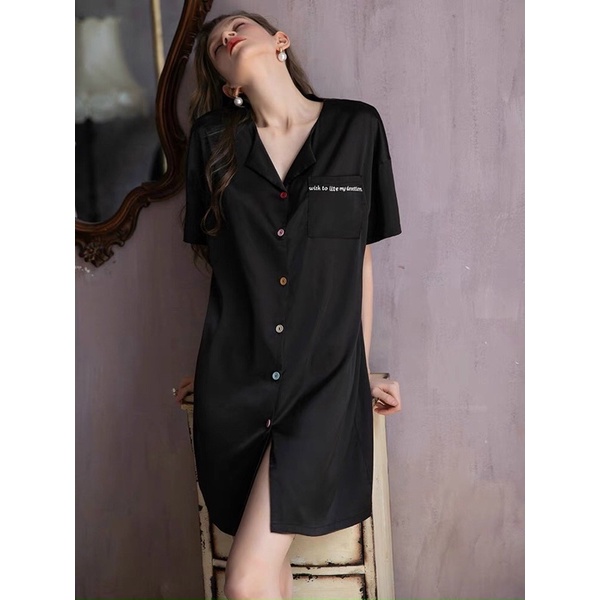 Đầm ngủ sơ mi lụa tay lỡ bo trắng trơn cao cấp 16