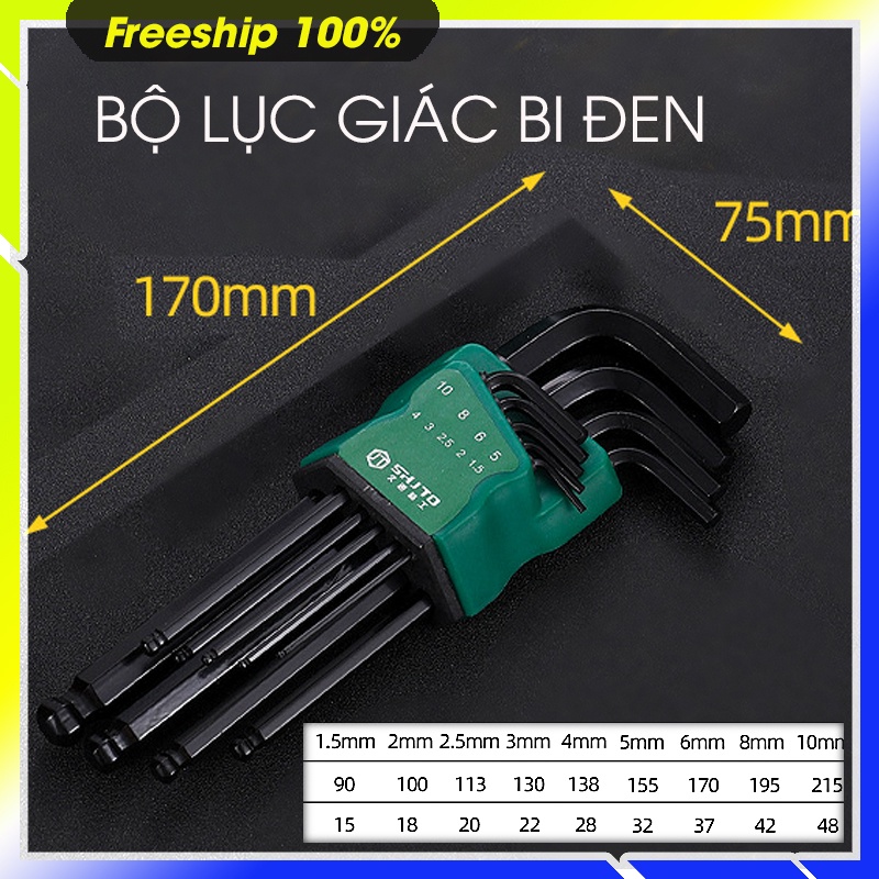 BỘ LỤC GIÁC 9 CÂY, 1 ĐẦU LỤC GIÁC , 1 ĐẦU BI, MẠ CROM ĐEN CÓ 2 SIZE, dài 22cm và 17 cm