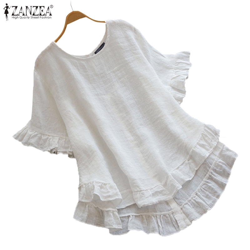 ZANZEA Áo cotton cổ tròn tay viền bèo màu trơn phong cách thời trang cho nữ