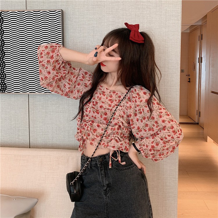 Áo kiểu IELGY chiffon dáng ngắn dây rút cổ vuông in họa tiết hoa phong cách phương Tây cổ điển xinh xắn cho nữ