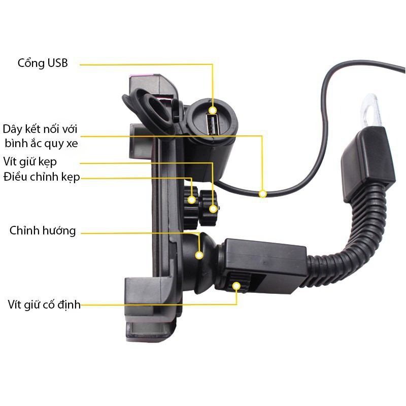 [Hàng Hot] Kẹp Điện Thoại Tích Hợp Bộ sạc USB điện thoại gắn trên Mô tô, xe máy, xe đạp... Đồ Chuyên Dụng Phượt Thủ