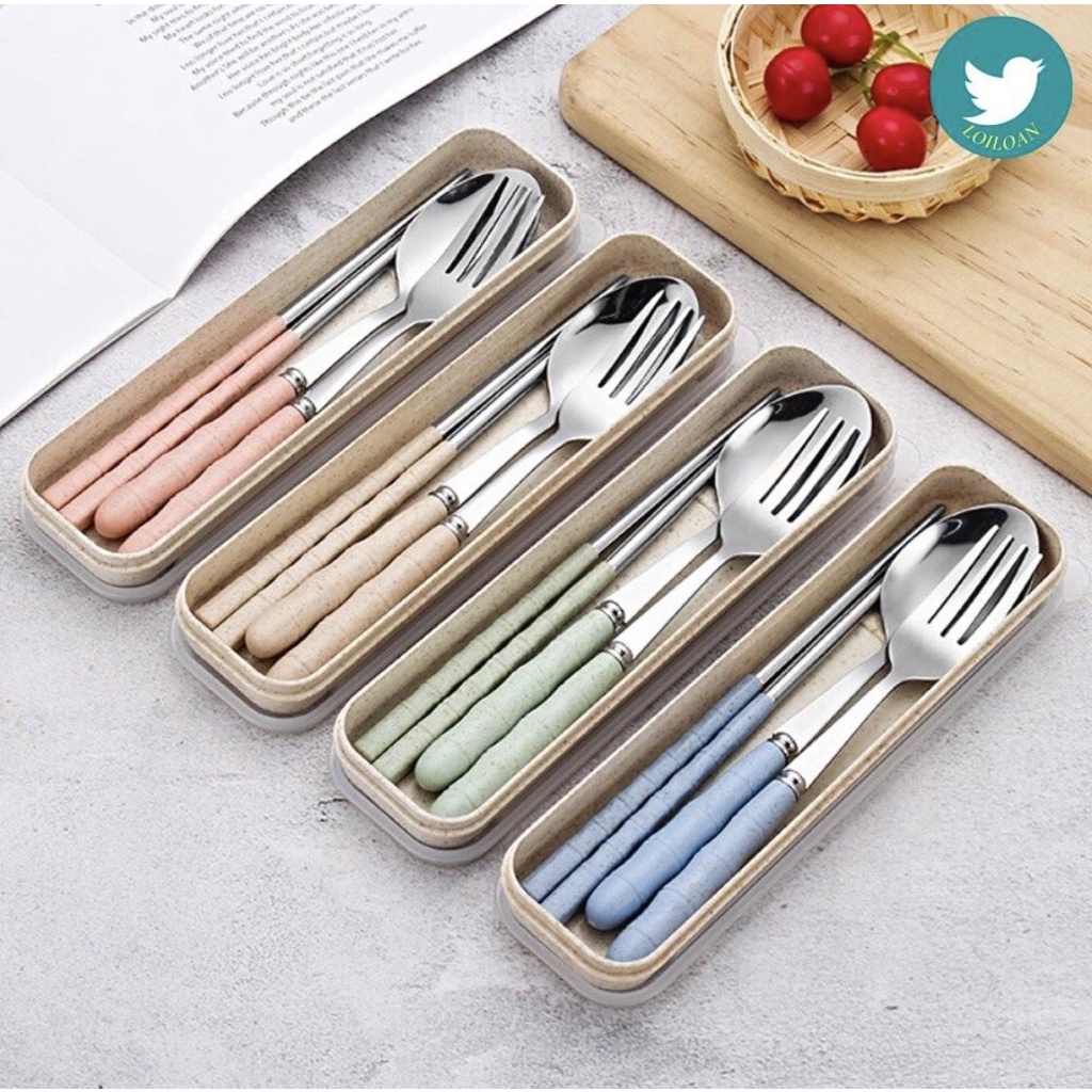 Bộ 3 Món Thìa, Đũa, Dĩa Chất Liệu Inox 304 Không Rỉ Kèm Hộp, Bộ Muỗng,Thìa, Nĩa Dùng Cá Nhân