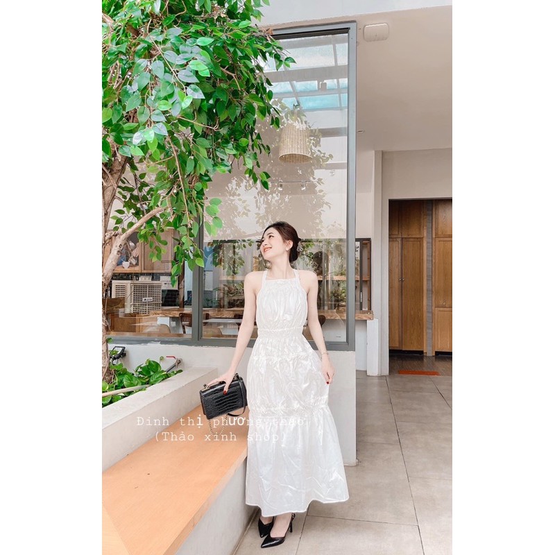👗ĐẦM MAXI TRẮNG CỔ YẾM ĐAN DÂY CHÉO LƯNG