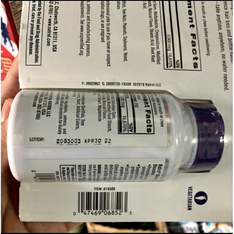 Natrol Biotin Hair Nails Skin 5000mcg 250 viên Mỹ, Hương Dâu