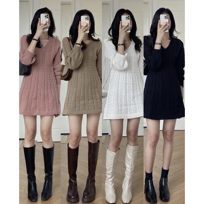 Váy len thừng cổ V dáng ngắn, Váy len nữ cực ấm hàng cao cấp - Xưởng May Hạnh Hồng