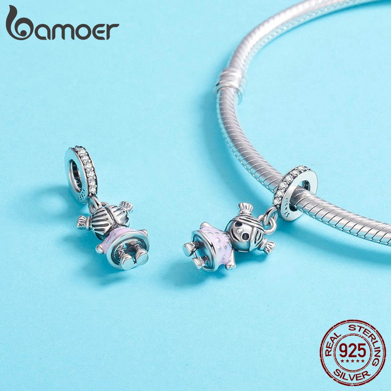 Hạt phụ kiện Bamoer bạc hình bé trai/bé gái dùng để làm trang sức thủ công xinh xắn dễ thương