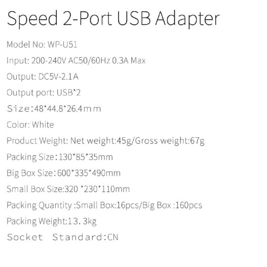 CỦ SẠC NHANH 2USB ĐA NĂNG CHO ĐIỆN THOẠI MÁY TÍNH BẢNG LOA BLUETOOTH SẠC DỰ PHÒNG 10.5W  WK WP-U51 CHÍNH HÃNG