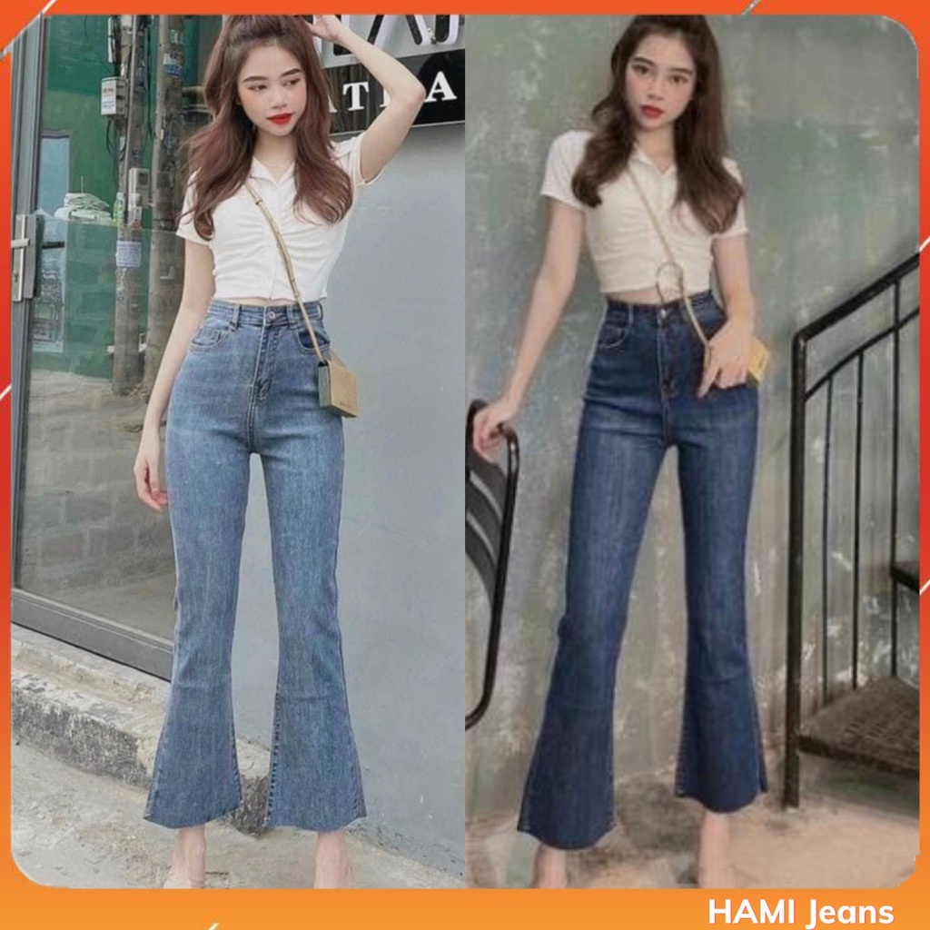 Quần jean nữ ống loe trơn lai cắt co giãn, quần bò loe 9 tấc co giãn lưng siêu cao