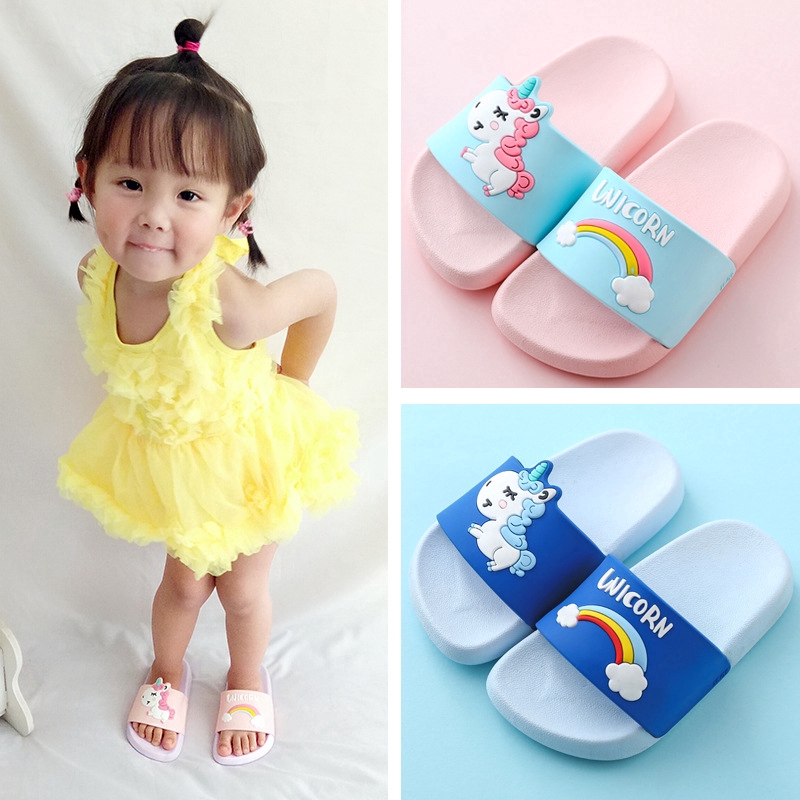 Size 18-41 Kids Cute Unicorn Cartoon Slippers Boy Girls Rainbow Pony Non-slip Slipper Homewear Shoes