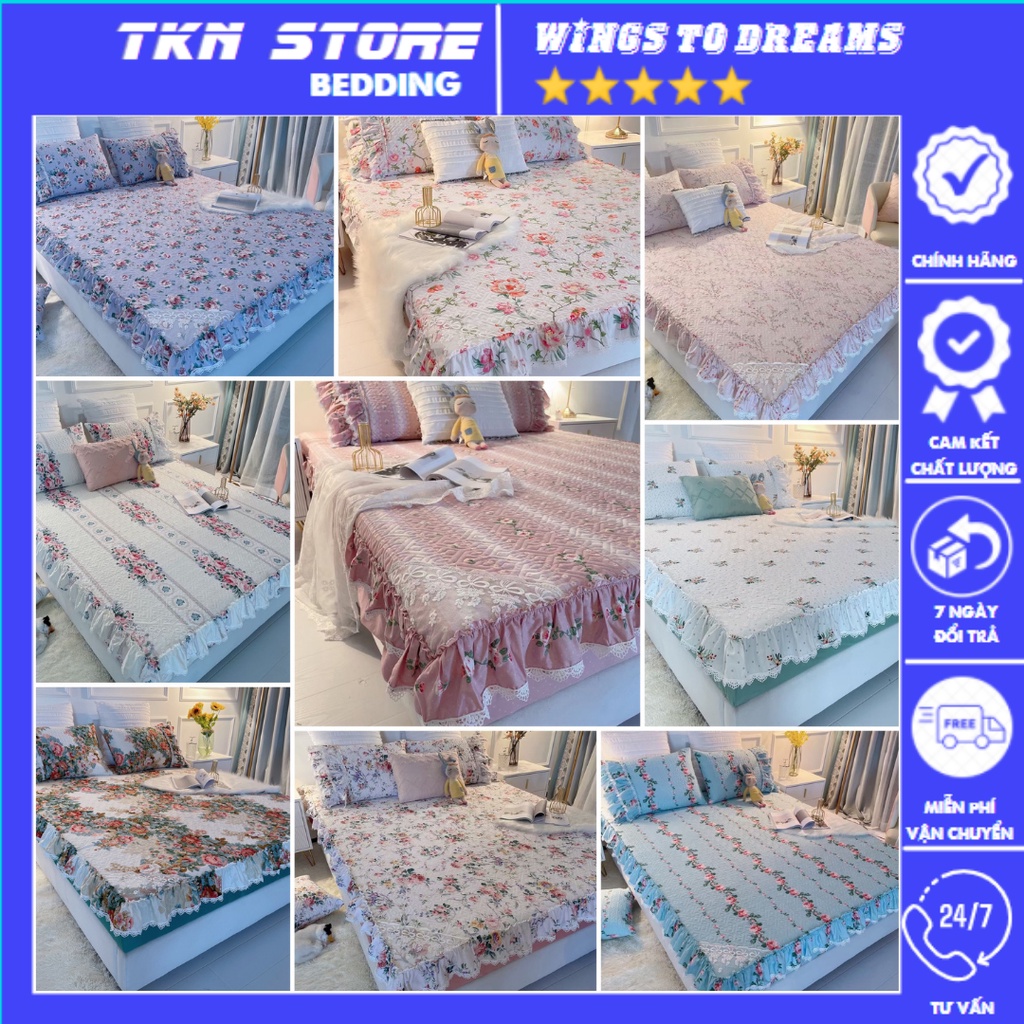 Bộ Ga Gối Cotton Trần Bông 3 Lớp - Ga Cotton Viền Bèo Đính Ren Công Chúa Hàng Nhập Khẩu