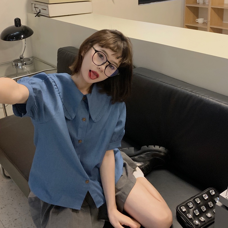 Áo sơ mi SUXI tay ngắn cổ búp bê màu trơn đơn giản dễ phối đồ thời trang mùa hè cho nữ