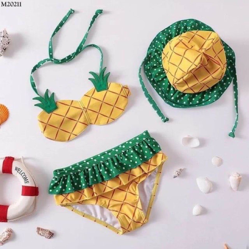 Set bơi bikini kèm mũ bé gái