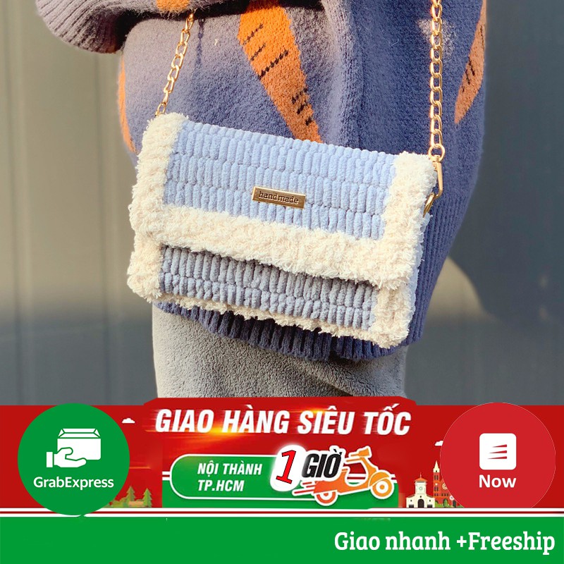 Túi Xách Len Dệt Tay Phối Màu Xanh -Trắng  - TÚI HANDMADE HOTREND TIKTOK 2020