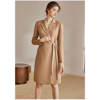 Đầm đấp chéo dáng chữ A cổ vest cột eo tay dài công sở