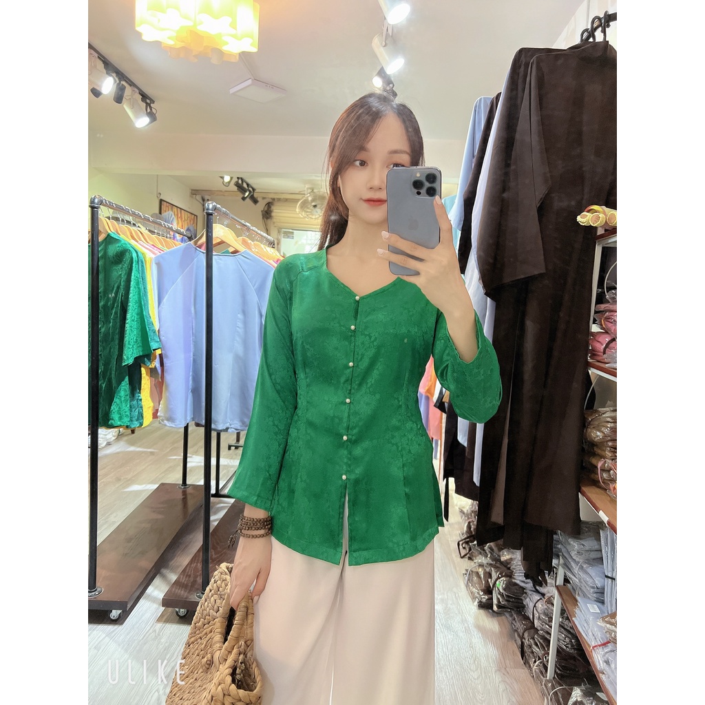 Áo BÀ BA # Đồ Phật tử lụa cao cấp # bà ba vân gấm hoa sen cúc ngọc xinh xắn AB12 xanh lá đậm