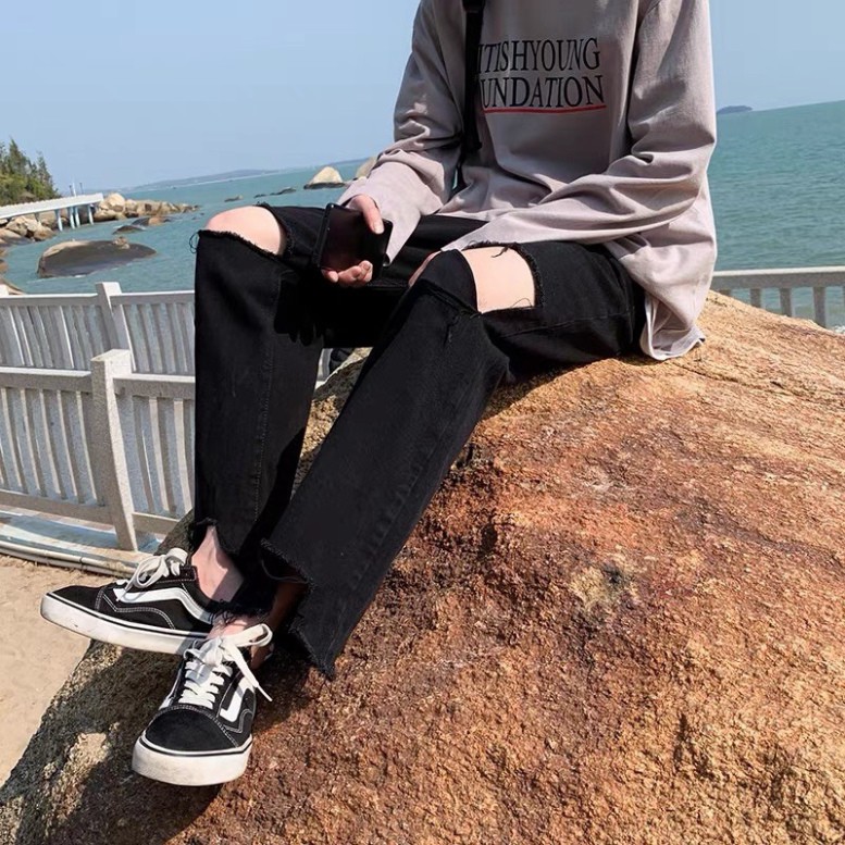 Quần jean ông rộng rách gối -fom rộng unisex- quần bò ống rộng - hot trend 2021-chất đẹp giá rẻ nhất thị trường Q7