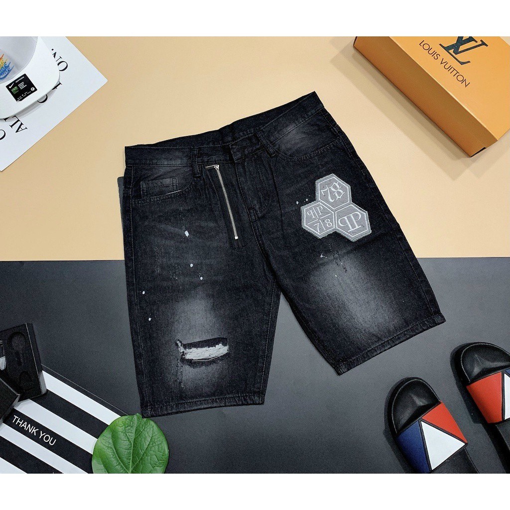 Quần short nam jean đen rách phối khóa lệch vải dày co dãn form chuẩn chất đẹp mẫu mới nhất cao cấp - SIÊU HOT