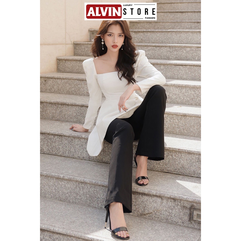 Set Áo Quần Kiểu Nữ Cổ Vuông Tay Phồng Dài Kết Hợp Quần Ống Rộng Alvin Store 2849