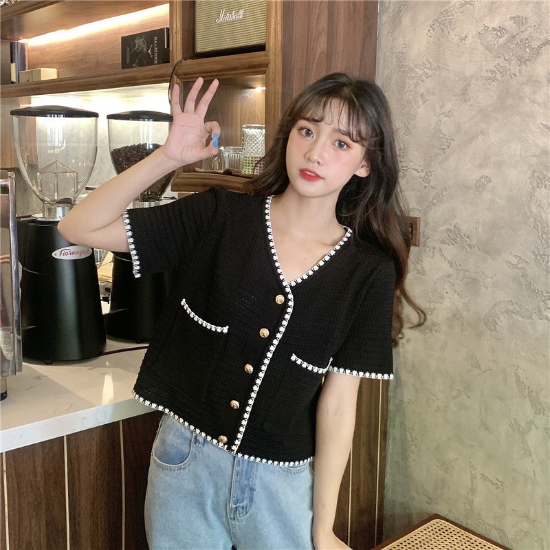 Xiaozhainv Áo cardigan dệt kim tay ngắn cổ chữ V phong cách cổ điển Hàn Quốc nữ tính | BigBuy360 - bigbuy360.vn