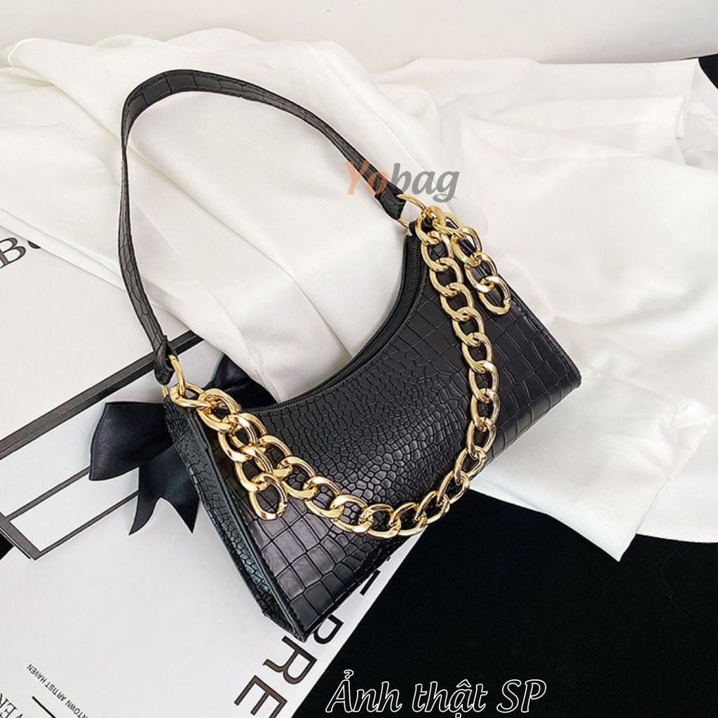 Túi xách nữ kẹp nách vân da form đẹp mix dây xích thời trang Hàn Quốc TX1