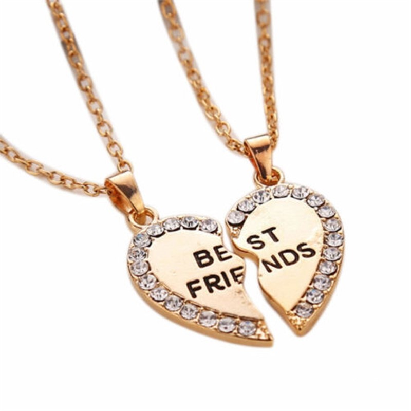 Best Friend Heart Silver Gold Rhinestone 2 Pendants Necklace Bff Friendship Gift Jewelry