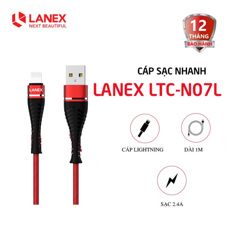 Cáp sạc nhanh Lanex LTC-N07L Lightning 2.4A dài 1m - Dây dù dành cho điện thoại Iphone