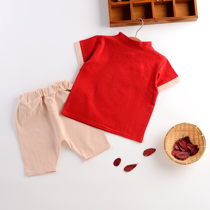 Set Áo Thun Ngắn Tay + Quần Dài Thêu Họa Tiết Phong Cách Trung Hoa Mừng Năm Mới Cho Bé Trai
