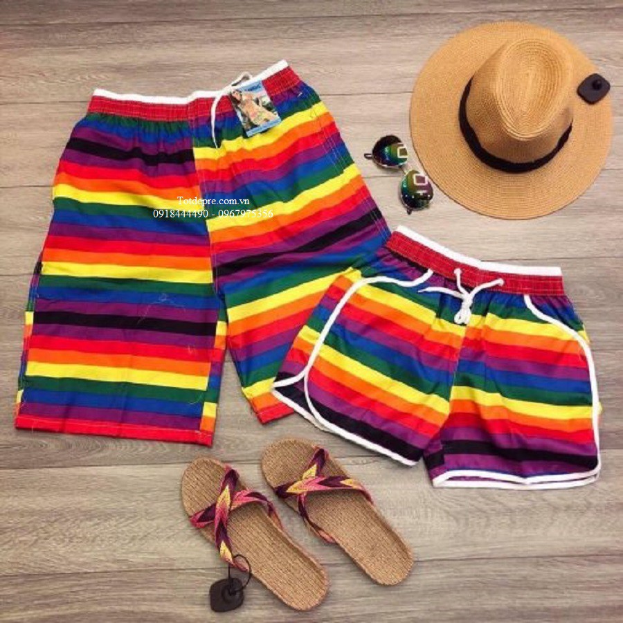 Quần đi biển động phục nhóm nam nữ họa tiết kẻ ngang nhiều màu