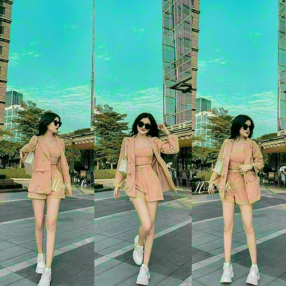 [8.8 Sales Freeship] Set bộ nữ 3 món, set áo vest tay dài +  quần  short đùi kèm áo trong croptop cá tính, trẻ trung dx