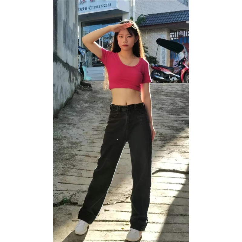 Áo thun croptop co giãn cổ chữ U ôm gọn dáng siêu đẹp