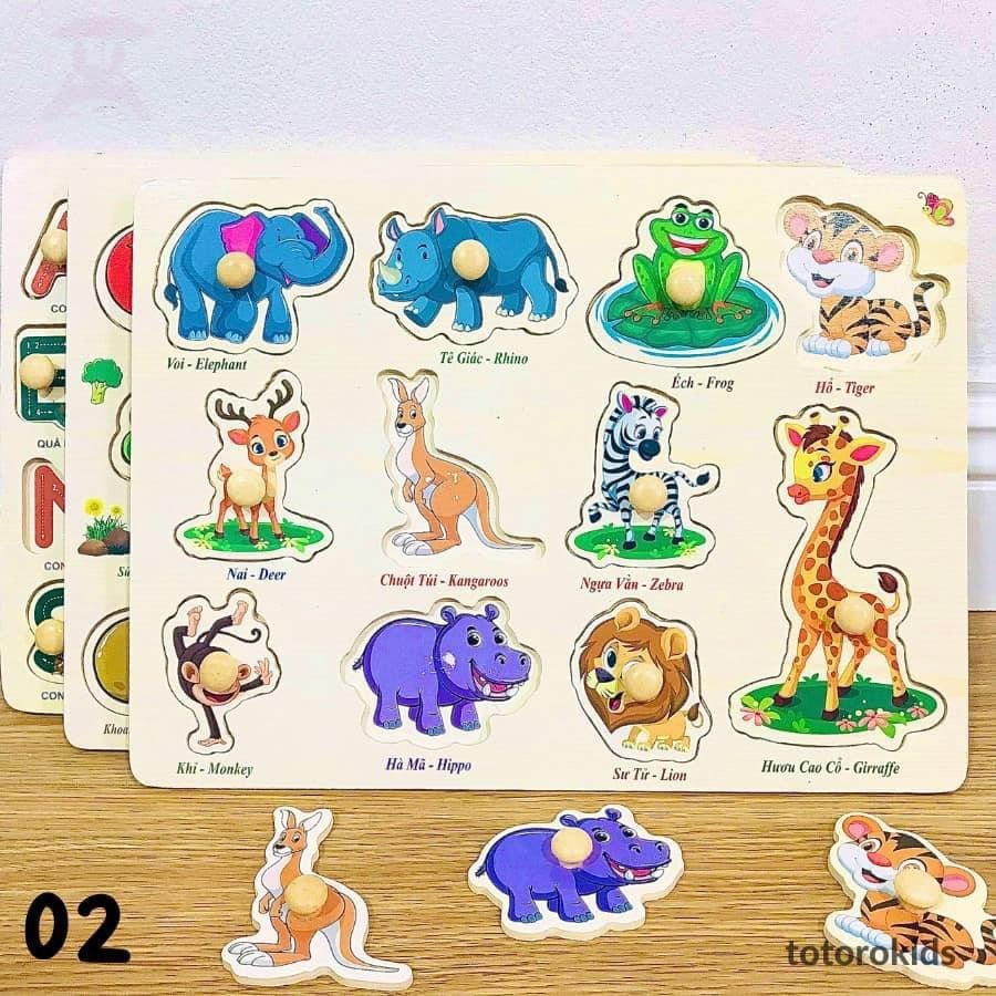 Bảng ghép hình gỗ có núm gỗ _ Đồ chơi phát triển tư duy cho bé