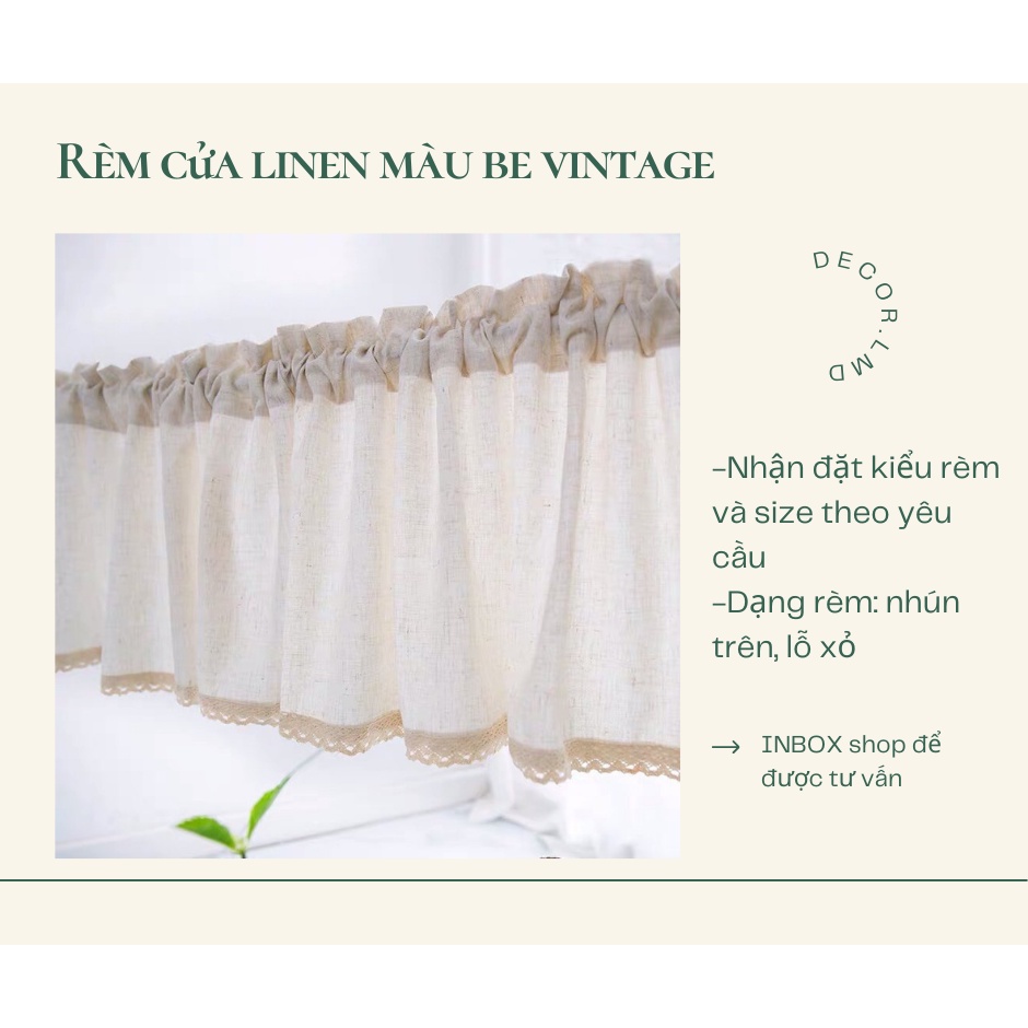 Rèm cửa sổ nhỏ, rèm che kệ bếp vintage màu ngà, có viền ren (đặt theo yêu cầu liên hệ CSKH)