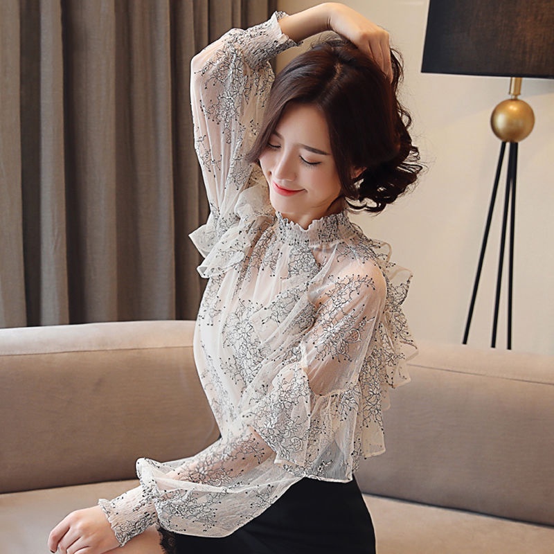 Áo Sơ Mi Chiffon Tay Dài Cổ Cao Phối Ren Phong Cách Phương Tây Hợp Thời Trang Mới