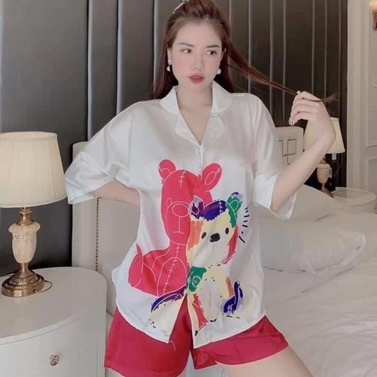 Bộ ngủ lụa mặc nhà pyjama nữ lụa latin cao cấp loại 1 áo cộc cánh dơi quần đùi freesize 45-60kg | BigBuy360 - bigbuy360.vn