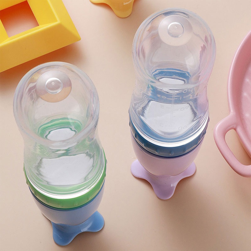 Bình Ăn Dặm 90ml Bằng Silicone Có Muỗng Chống Bụi Dành Cho Trẻ Sơ Sinh