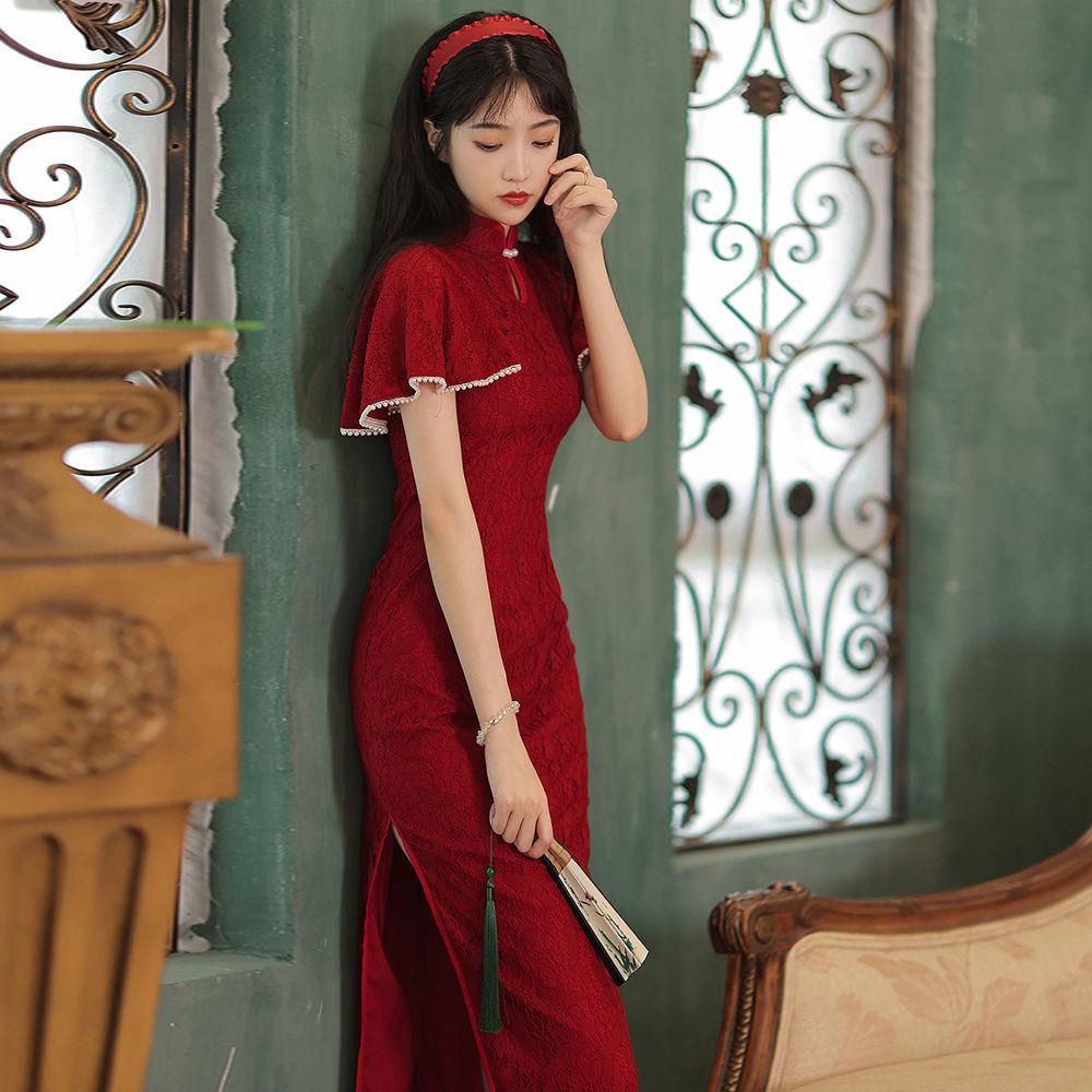 Sườn Xám Cách Tân Màu Đỏ Phong Cách Trung Hoa Thời Trang Mùa Hè 2022 Mới Cho Cô Dâu