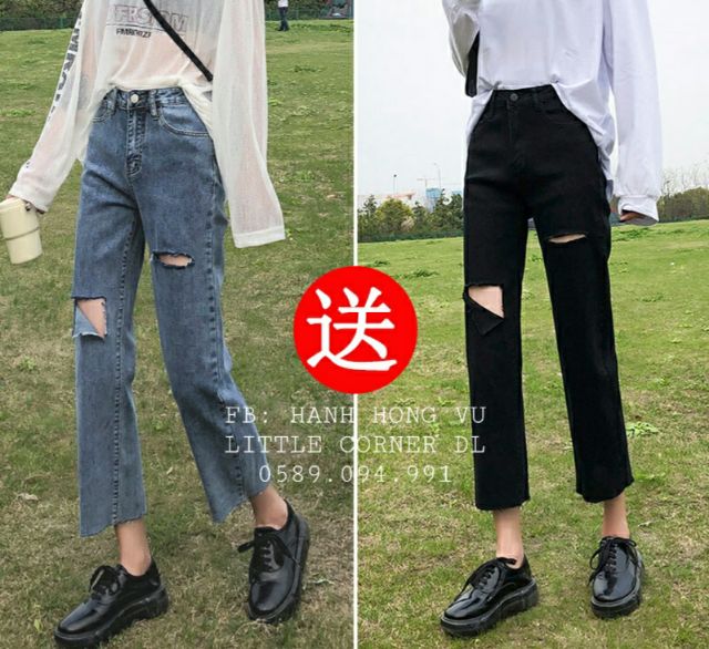 Quần slim baggy jeans rách xẻ phối lưng cao ulzzang kèm ảnh thật hàng sẵn